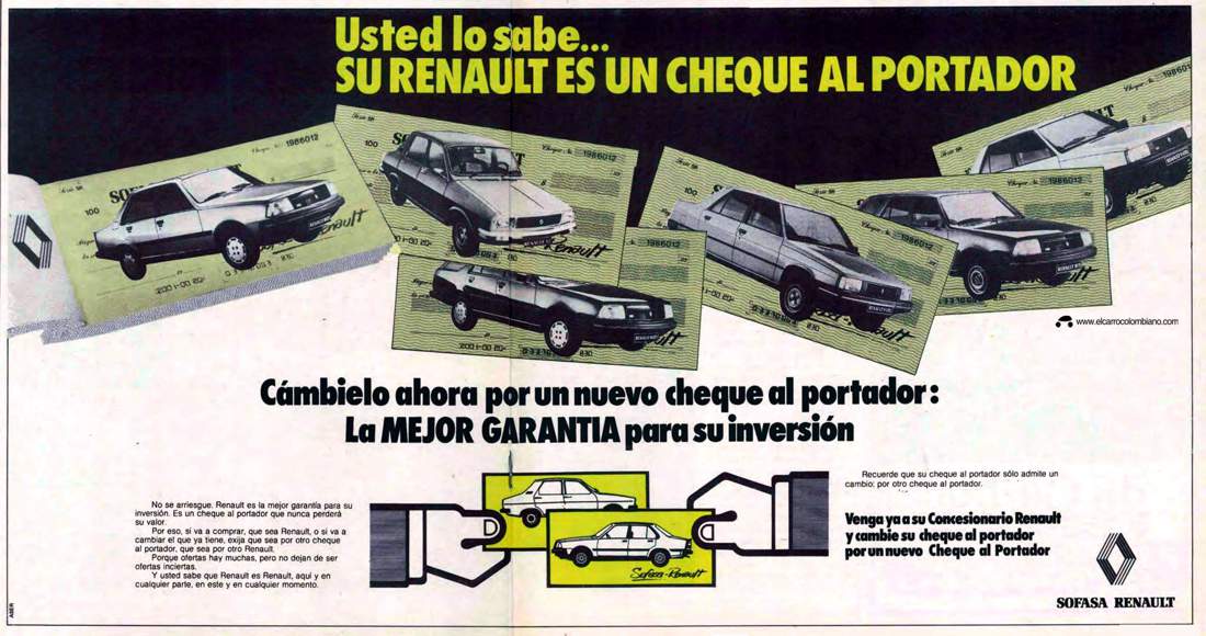 renault, renault un cheque al portador, publicidad colombiana antigua, publicidad colombiana años 80, renault colombia
